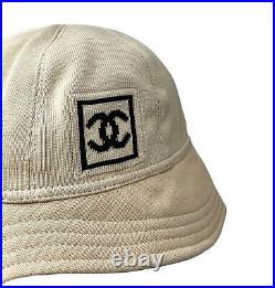 CHANEL Sport Vintage 03A CC Logo Bucket Hat #M Beige Black Cotton Rank AB