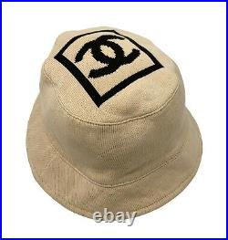 CHANEL Sport Vintage Big Coco Mark Bucket Hat #M Accessory Beige Black RankAB