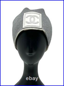 CHANEL Sport Vintage Coco Mark Beanie Cap Hat Reversible CC Gray Ivory RankA