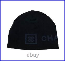 CHANEL Sport Vintage Coco Mark Logo Beanie Hat Black Merino Wool Rank AB+