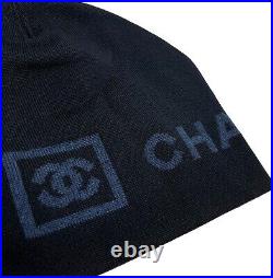 CHANEL Sport Vintage Coco Mark Logo Beanie Hat Black Merino Wool Rank AB+