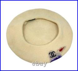 CHANEL Vintage Coco Mark Cc Beret Hat Fashion Accessory Ivory Wool RankAB