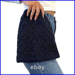 CHANEL Vintage Coco Mark Knit Beanie Hat Glitter Dark Blue Cashmere Rank AB+