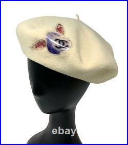 CHANEL Vintage Coco Mark Logo Beret Hat Fashion Accessory Wool Ivory RankAB