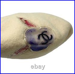 CHANEL Vintage Coco Mark Logo Beret Hat Fashion Accessory Wool Ivory RankAB