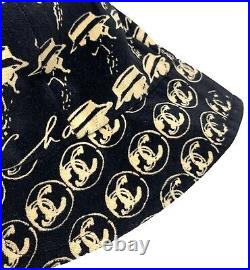 CHANEL Vintage Coco Mark Logo Velvet Hat Casquette #M Cotton Black Beige RankAB