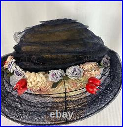 CHIC Late Teens Early 20s Navy Mesh Spring Summer Hat Flowers Buds