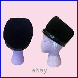 CHRISTIAN DIOR 1960's Designer Inky Black Velvet Hat with Patent Leather Bow