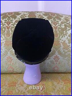 CHRISTIAN DIOR 1960's Designer Inky Black Velvet Hat with Patent Leather Bow