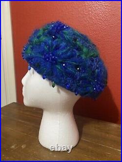 CHRISTIAN DIOR Chapeaux Vintage 60s Knit Crochet Blue Green Beaded Turban Hat