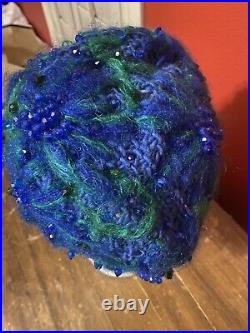 CHRISTIAN DIOR Chapeaux Vintage 60s Knit Crochet Blue Green Beaded Turban Hat