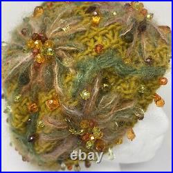 CHRISTIAN DIOR Chapeaux Vtg Knit Crochet Golden Mustard Beaded Turban Hat Size22