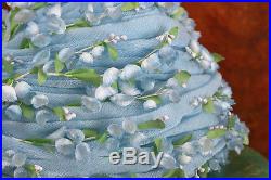 CHRISTIAN DIOR Lily of the Valley Flower Hat Blue Silk Spring Easter Floral Leaf