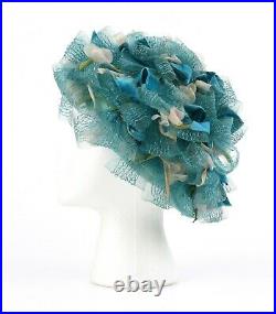 CHRISTIAN DIOR c. 1960s Floral Silk Velvet Ribbon Ruffle Flower Pot Cloche Hat