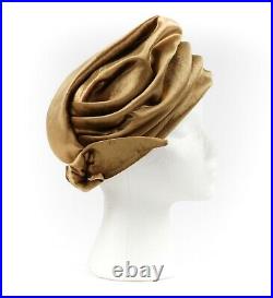 CHRISTIAN DIOR c. 1960s Gold Silk Velvet Tied Back Bow Turban Cloche Hat