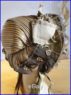 CIRCA 1860, ORNATE ANTIQUE LADIES BONNET/HAT With RIBBONS, STRAW DECORATIVE LEAVES