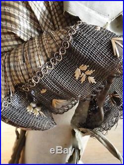CIRCA 1860, ORNATE ANTIQUE LADIES BONNET/HAT With RIBBONS, STRAW DECORATIVE LEAVES