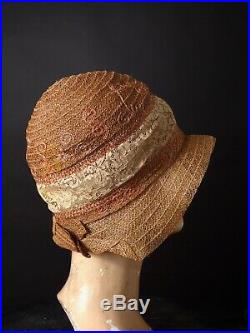 CLEHART HATS 1920s Brown Straw & Ivory Lace Soft Cloche