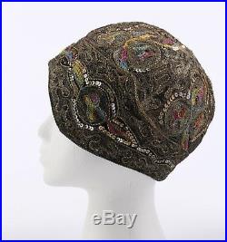 COUTURE c. 1920s Metallic Gold Embroidered Sequin Silk Flapper Cloche Evening Hat