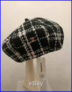 Chanel Black and White Plaid Tweed Beret