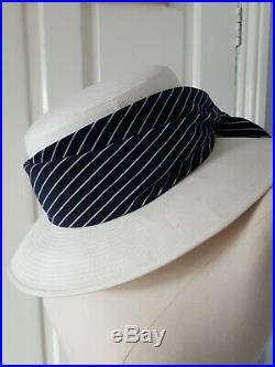 Chanel Ivory Sun Hat With Blue Striped Silk Scarf