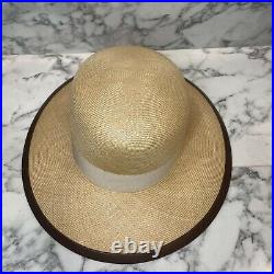 Chapeaux Motsch X Hermès Vintage Straw Hat with Brown Leather and Ribbon Trim