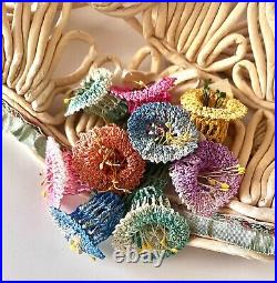 Charming 1920s Open Work Cloche, Crochet Flowers, Beige, Multicolor, Petite 20