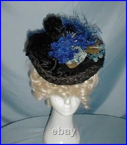 Charming Antique Hat Victorian 1890's Black Straw Blue floral and Feather Trims