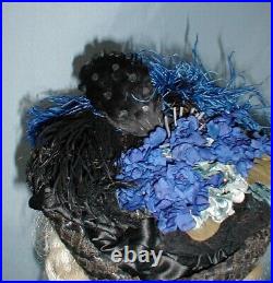 Charming Antique Hat Victorian 1890's Black Straw Blue floral and Feather Trims