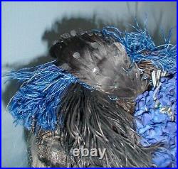 Charming Antique Hat Victorian 1890's Black Straw Blue floral and Feather Trims