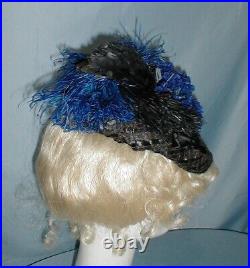 Charming Antique Hat Victorian 1890's Black Straw Blue floral and Feather Trims