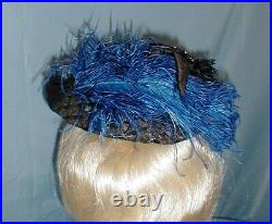 Charming Antique Hat Victorian 1890's Black Straw Blue floral and Feather Trims