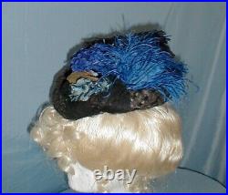 Charming Antique Hat Victorian 1890's Black Straw Blue floral and Feather Trims