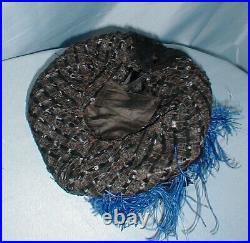 Charming Antique Hat Victorian 1890's Black Straw Blue floral and Feather Trims