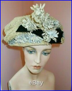 Charming chapeau. Pale lavender flowers. Velvet bow excellent c. 1902