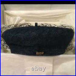 Christian Dior Vintage Beret Hat Cap Blue Denim Veil Gold Logo Size 58 cm France