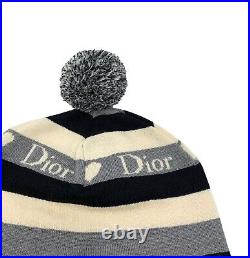 Christian Dior Vintage Logo Knit Beanie Hat Striped Accessory Gray Wool RankA