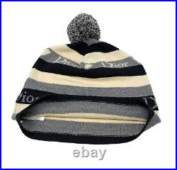 Christian Dior Vintage Logo Knit Beanie Hat Striped Accessory Gray Wool RankA