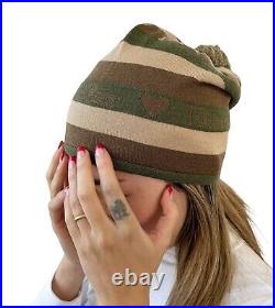 Christian Dior Vintage Logo Knit Beanie Hat Striped Accessory Khaki Wool RankA
