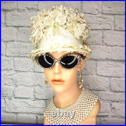 Cream Pink Pearls Millinery Floral Birdcage Cloche Hat 1960s UNION LABEL Vintage