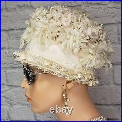 Cream Pink Pearls Millinery Floral Birdcage Cloche Hat 1960s UNION LABEL Vintage