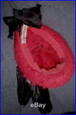 DASHING 1940s Little RED RIDING HAT w Feather LILLY DACHE Mini Fedora Tilt Doll