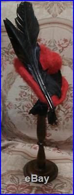 DASHING 1940s Little RED RIDING HAT w Feather LILLY DACHE Mini Fedora Tilt Doll