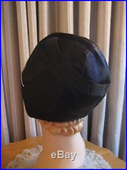 DECO BLACK SATIN & STRAW CLOCHE HAT WithRHINESTONES AND HATPIN