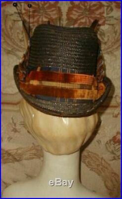 Dashing 1870s Victorian Postilion Riding Cycling Hat w Silk Ribbon, Feather Wings