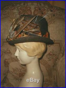 Dashing 1870s Victorian Postilion Riding Cycling Hat w Silk Ribbon, Feather Wings