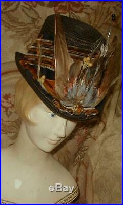 Dashing 1870s Victorian Tall Crown Postilion Hat w Silk Ribbon, Feather Wings Pin