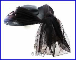 Dashing Black 1940s Hat with Asymmetric Silhouette Fine Straw 40s Rare Milline