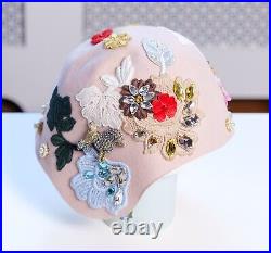 Dolce & Gabbana Very Rare Vintage Pink Gold Horn Flower Embroidered Women's Hat