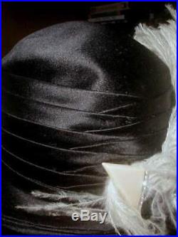 Downton Abbey Era Antique Edwardian Silk Cloche w Big White Ostrich Plumes +